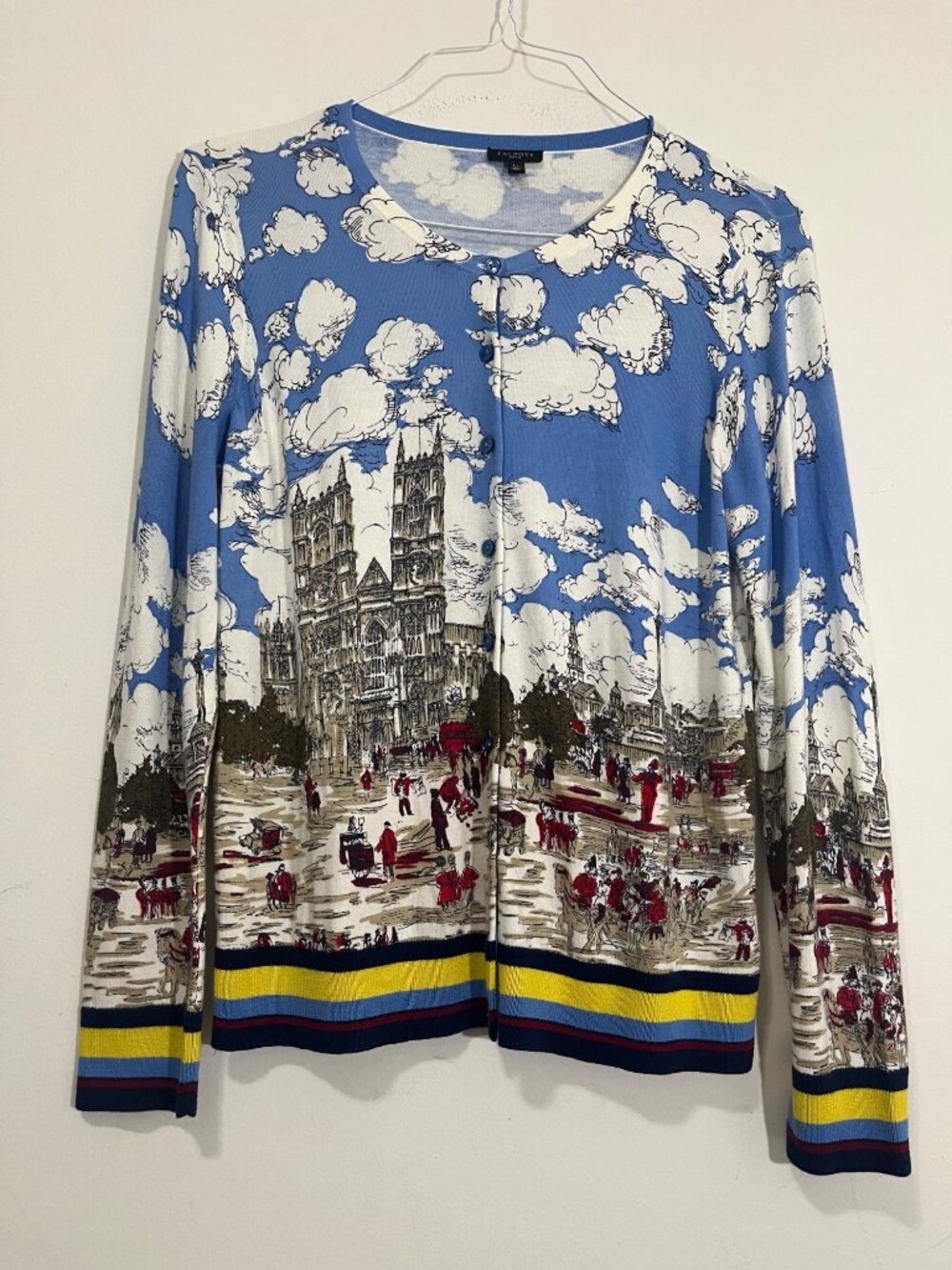 Talbots Charming Cardigan Sweater London Print Lp Button Classic Coastal Novelty